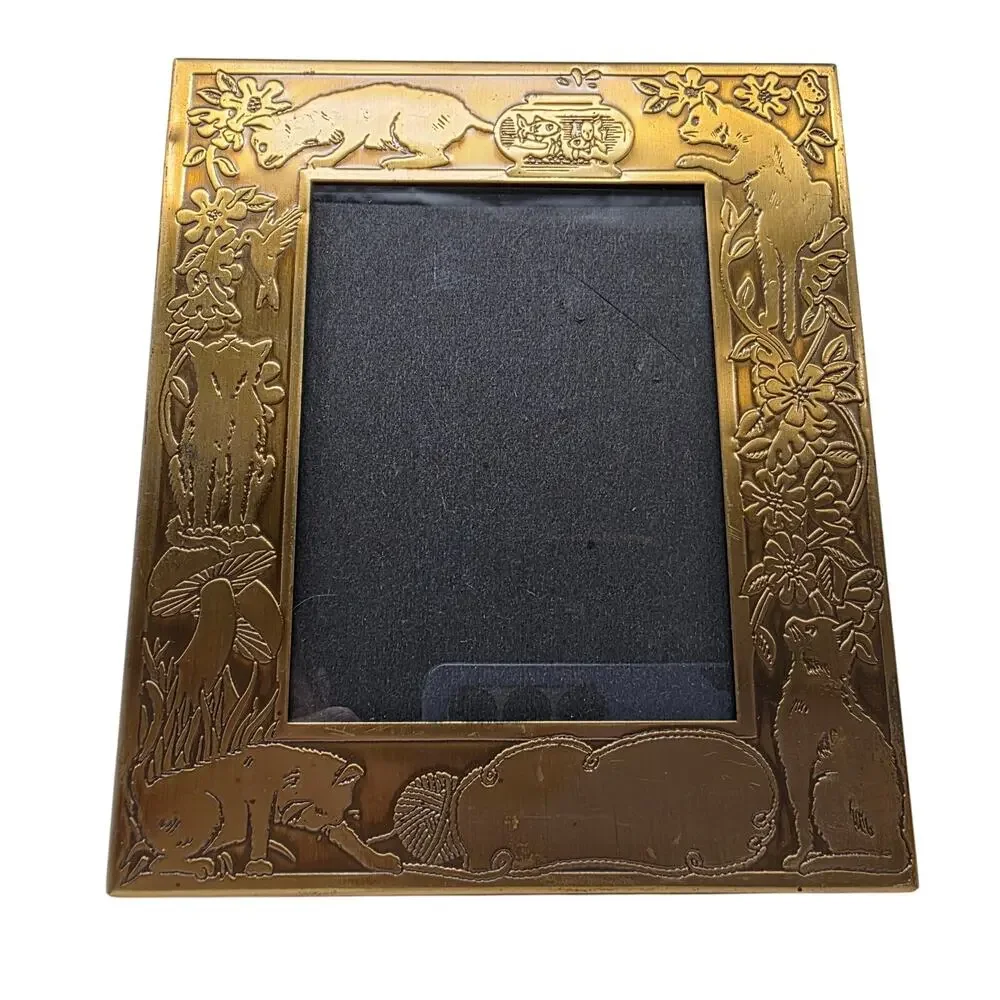 Vintage M.W. Carr Brass Cat Picture Frame 3x4 Solid Brass Kitten Decor